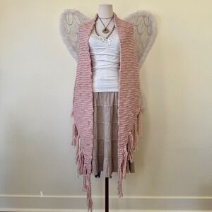Blush Pink Chunky Knit Fringe Scarf Triangle Wrap Cottagecore Kawaii Cute Pastel